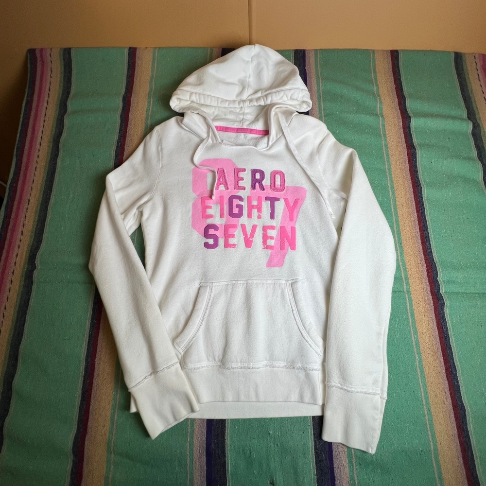 Aeropostale Hoodie Women L White Pink Aero Eighty Seven Graphic Pullover Y2K